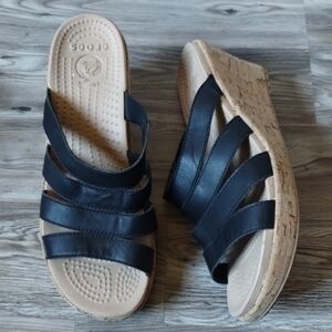 CROCS A-Leigh Cork Wedges Black Leather Strap Slide Wedge Sandals Size 9